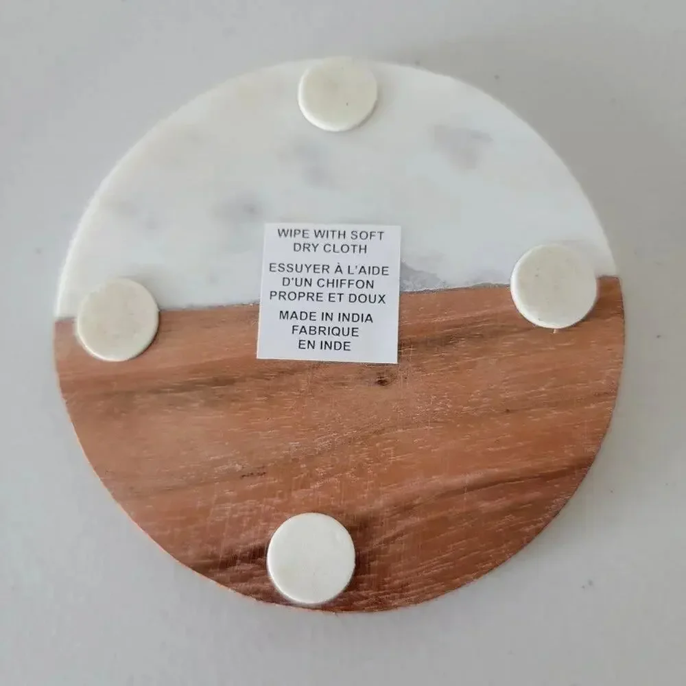 Handmade Marble and Wood Round Coaster Set of 2 Acacia Wood White Marble